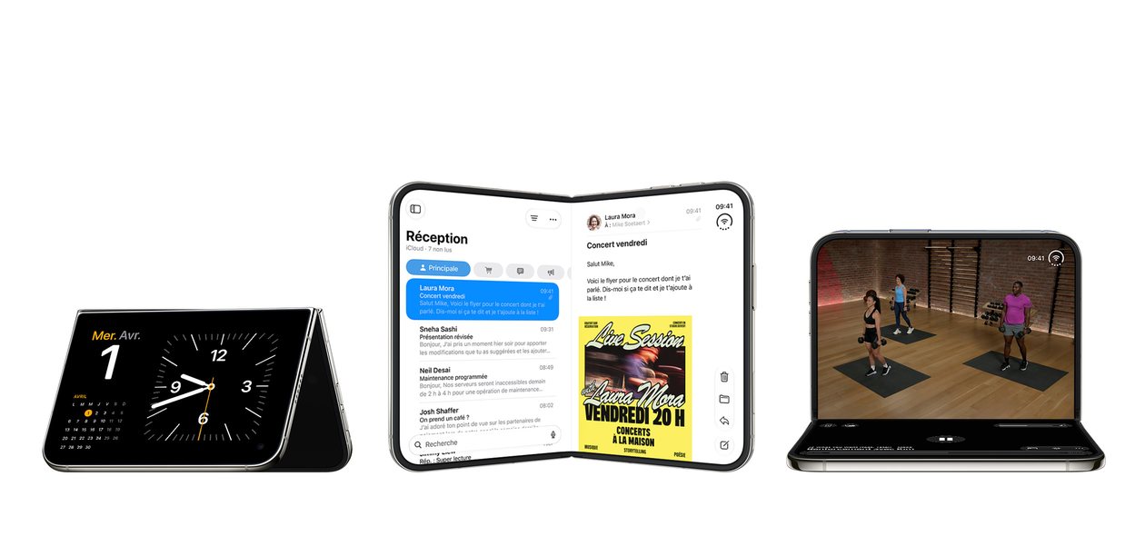 Trois iPhone Duo posés en tente, en livre et en mini-ordinateur